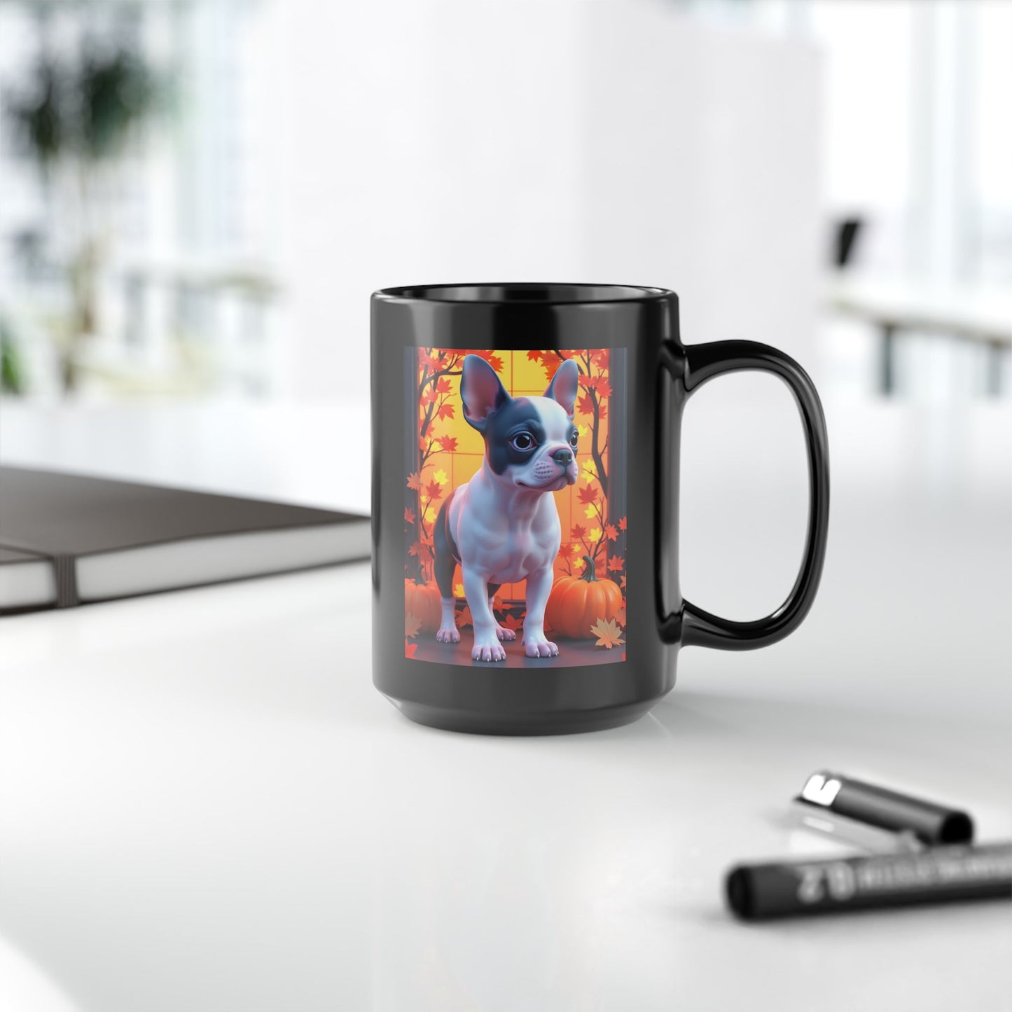 Blue Pied French Bulldog Autumn Black Mug - Seasonal dog lover gift coffee cup