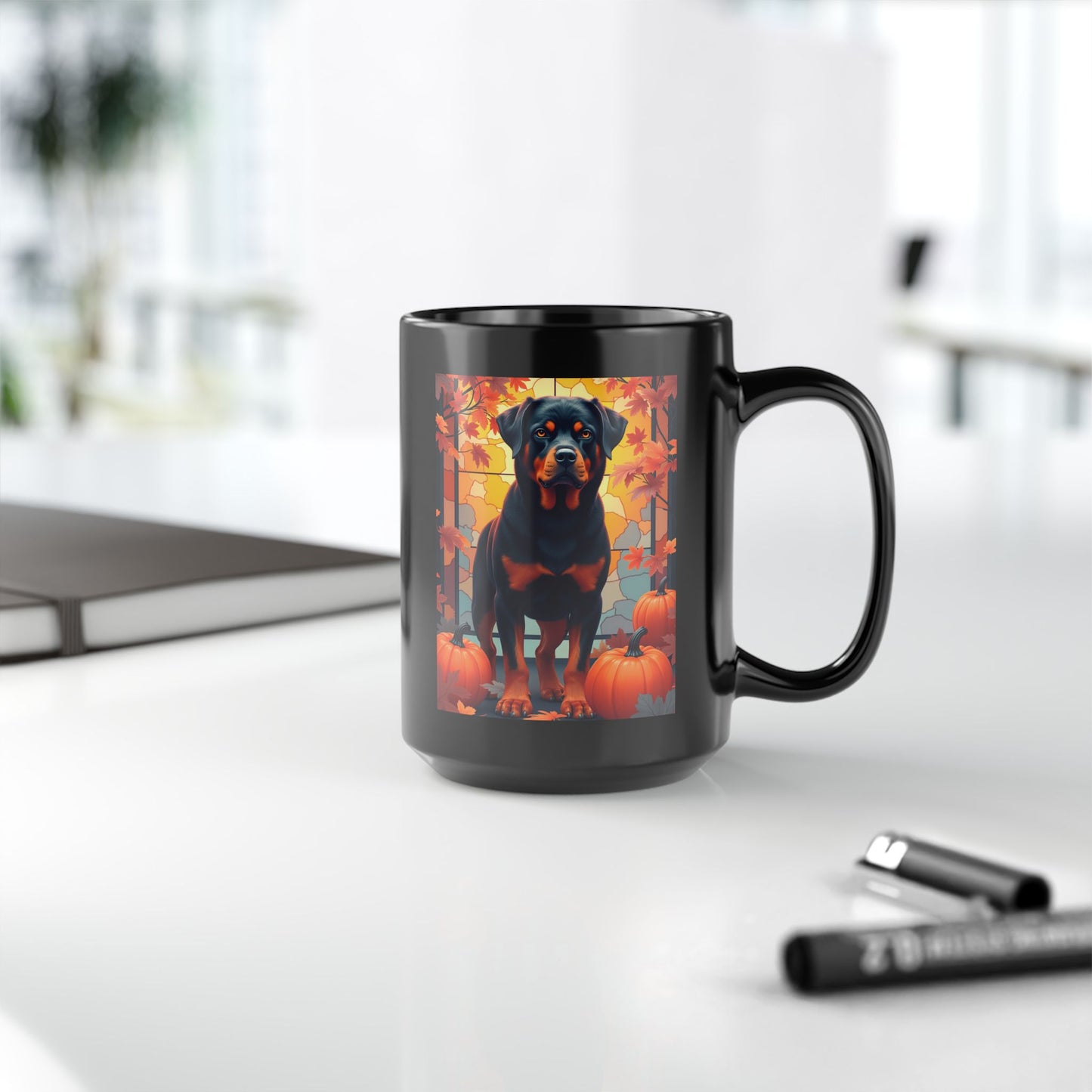 Black and Rust Rottweiler personalized mug with autumn leaves, custom coffee cup for dog lovers and cozy fall gift