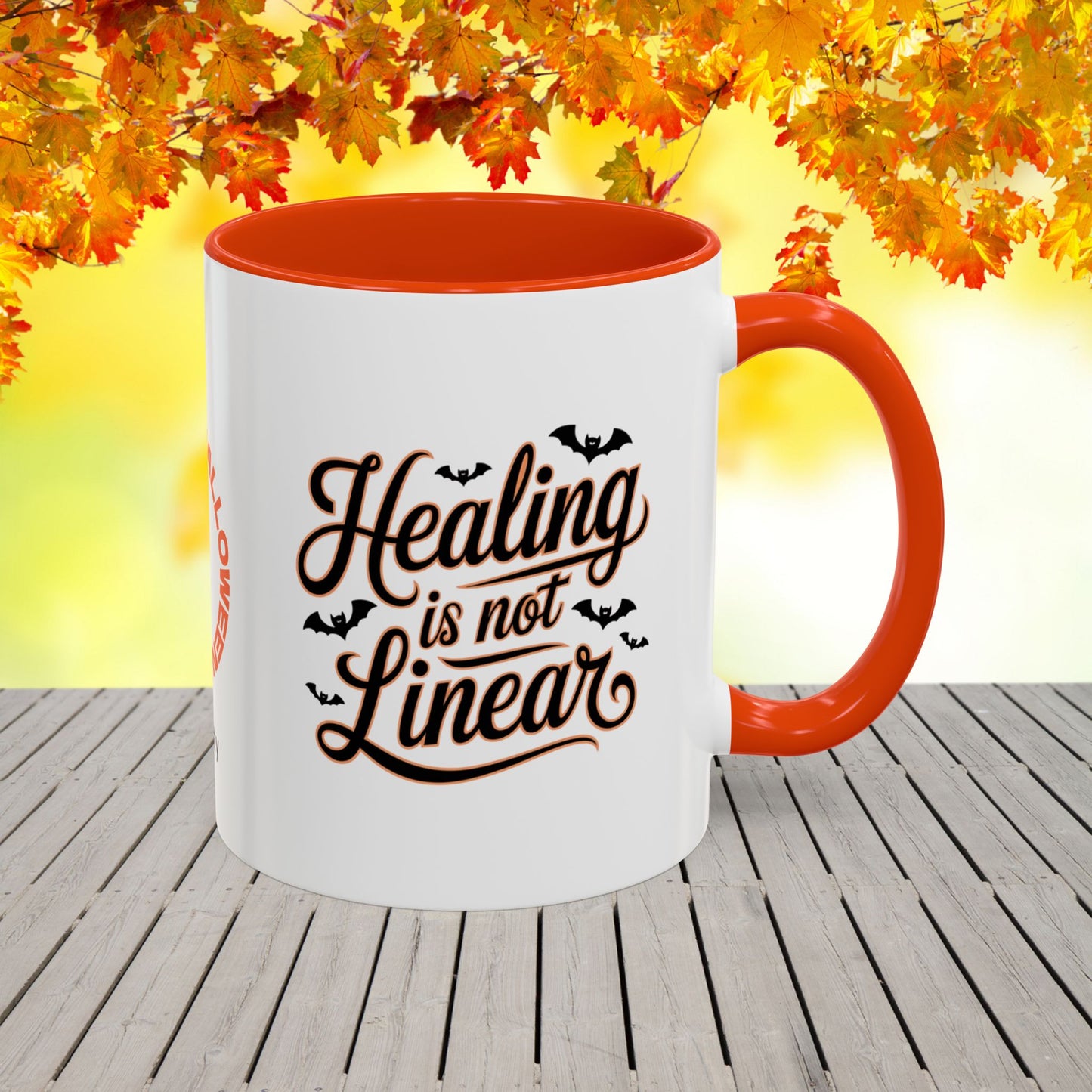 Personalized Halloween self-care mug with “Healing Is Not Linear” quote, mental health awareness gift with custom name.