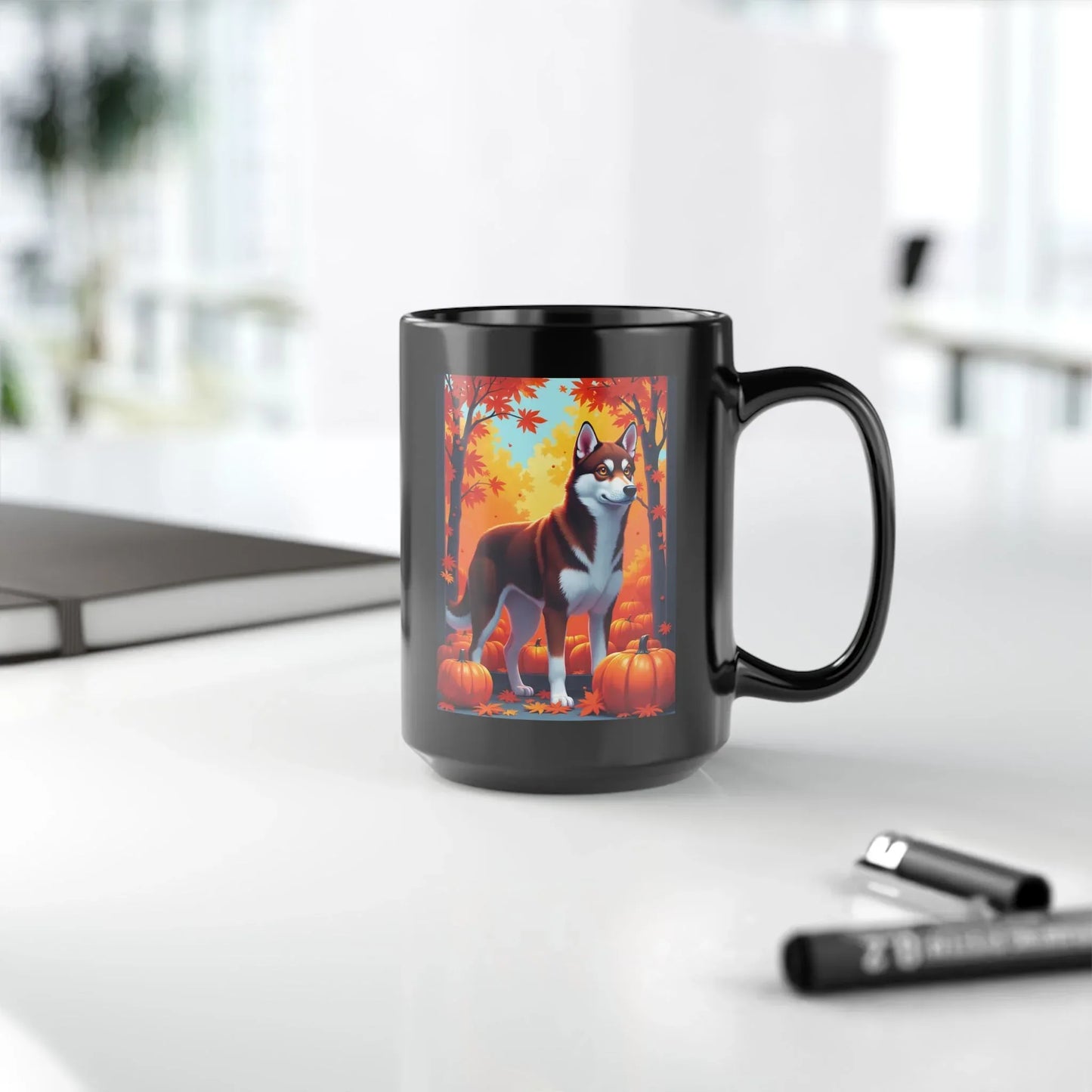 Shop our premium dark red and white husky amber eyes autumn black mug from MySisterIsASurvivor.