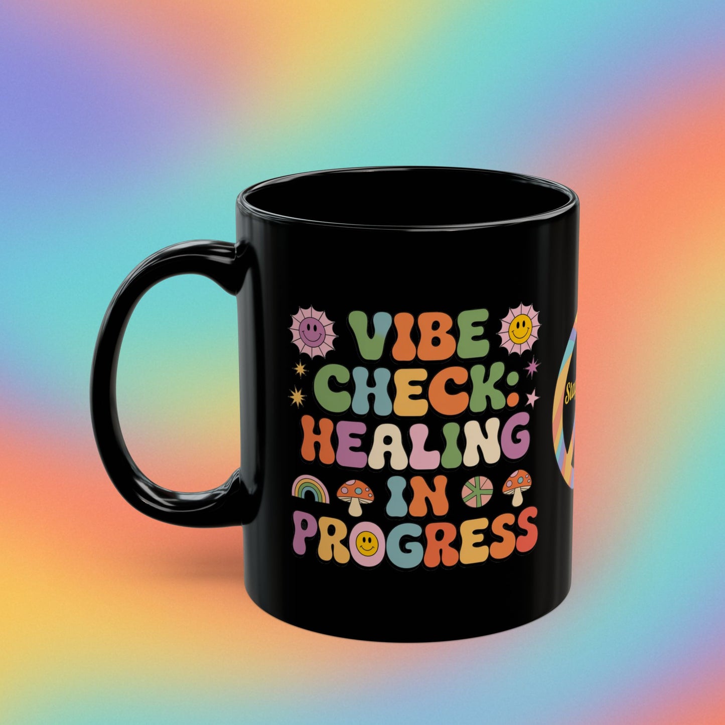 Vibe Check Healing in Progress Retro 70s Mug, Groovy Self-Care Coffee Gift - MySisterIsASurvivor