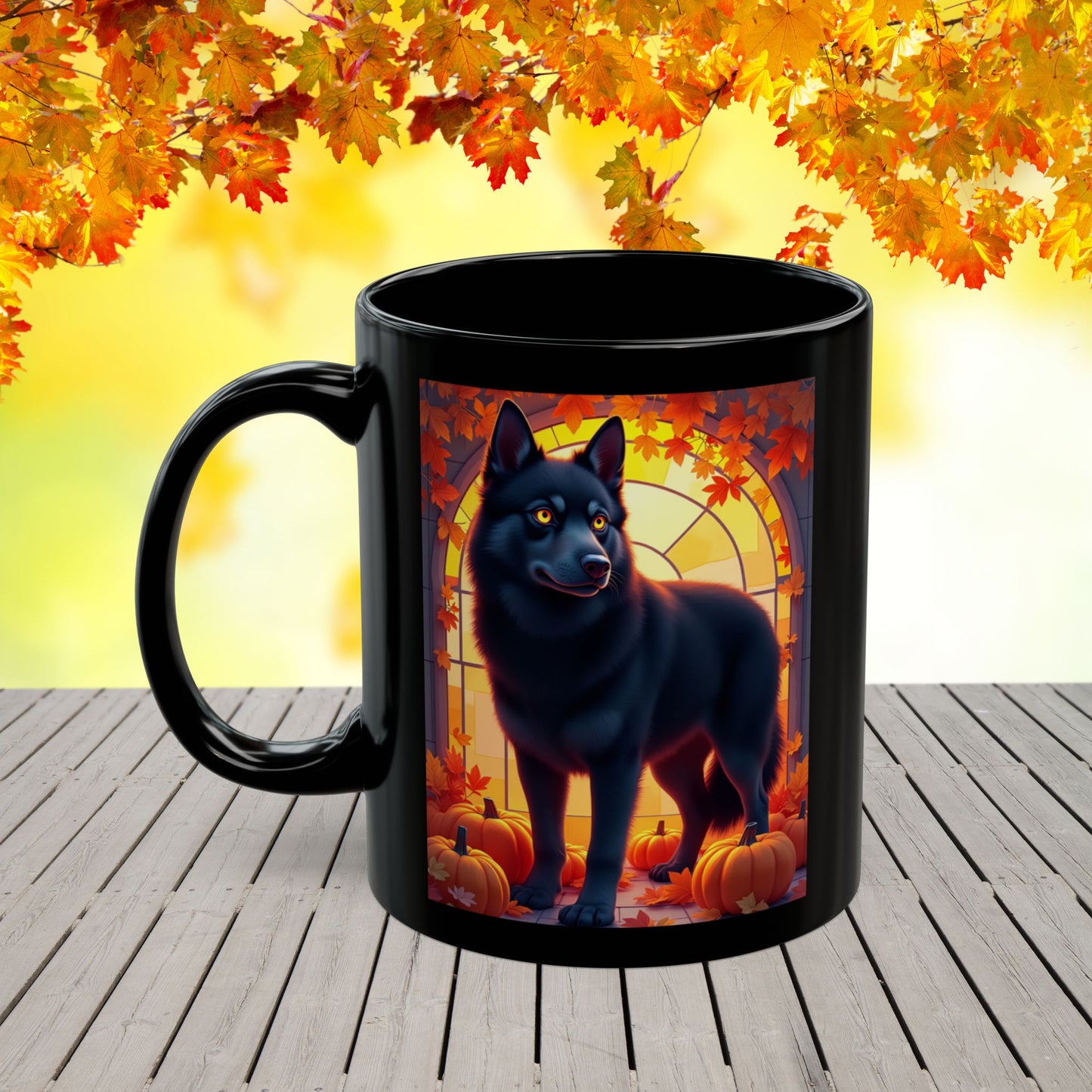 Black Siberian Husky (Amber Eyes) autumn coffee mug, personalized seasonal Husky gift for dog lovers