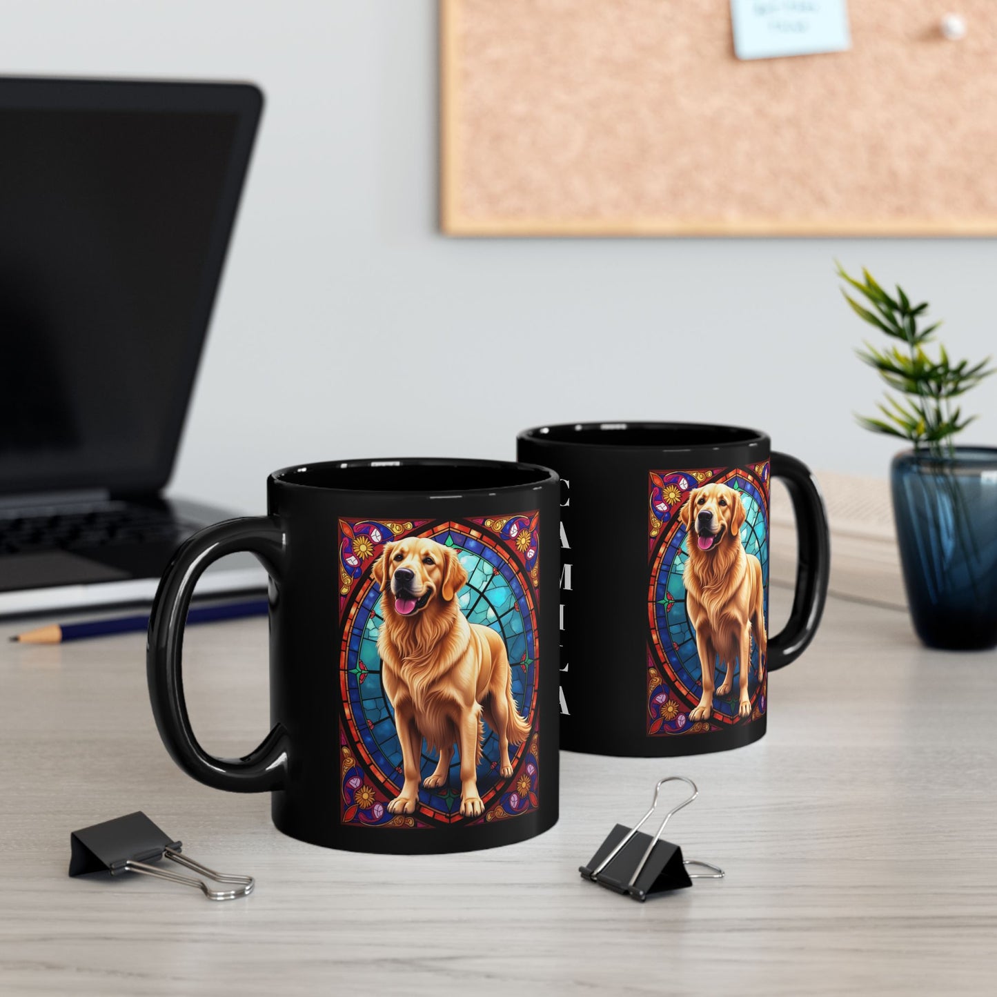 Classic Golden Retriever stained glass style coffee mug, customizable with dog name, perfect gift for pet parents