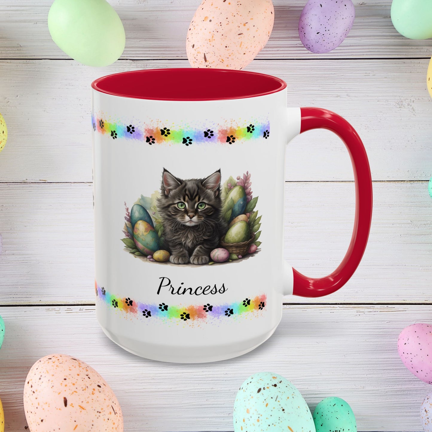 Maine Coon Easter kitten mug, personalized cute cat coffee cup, gift for mental health support and comfort
