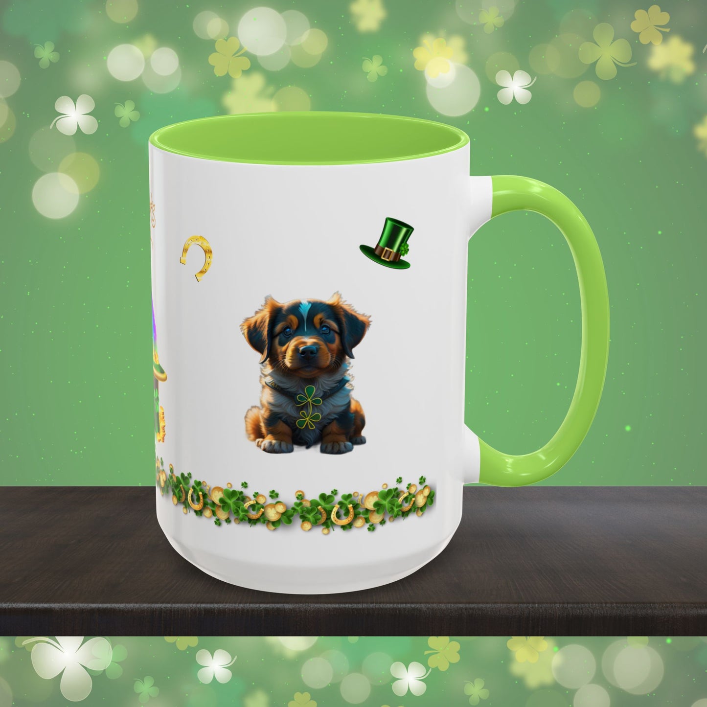 Pup-tastic Serenity: St. Patrick's Day Two-Tone Coffee Mug - Festive Ceramic Mug for Positivity & Mindfulness