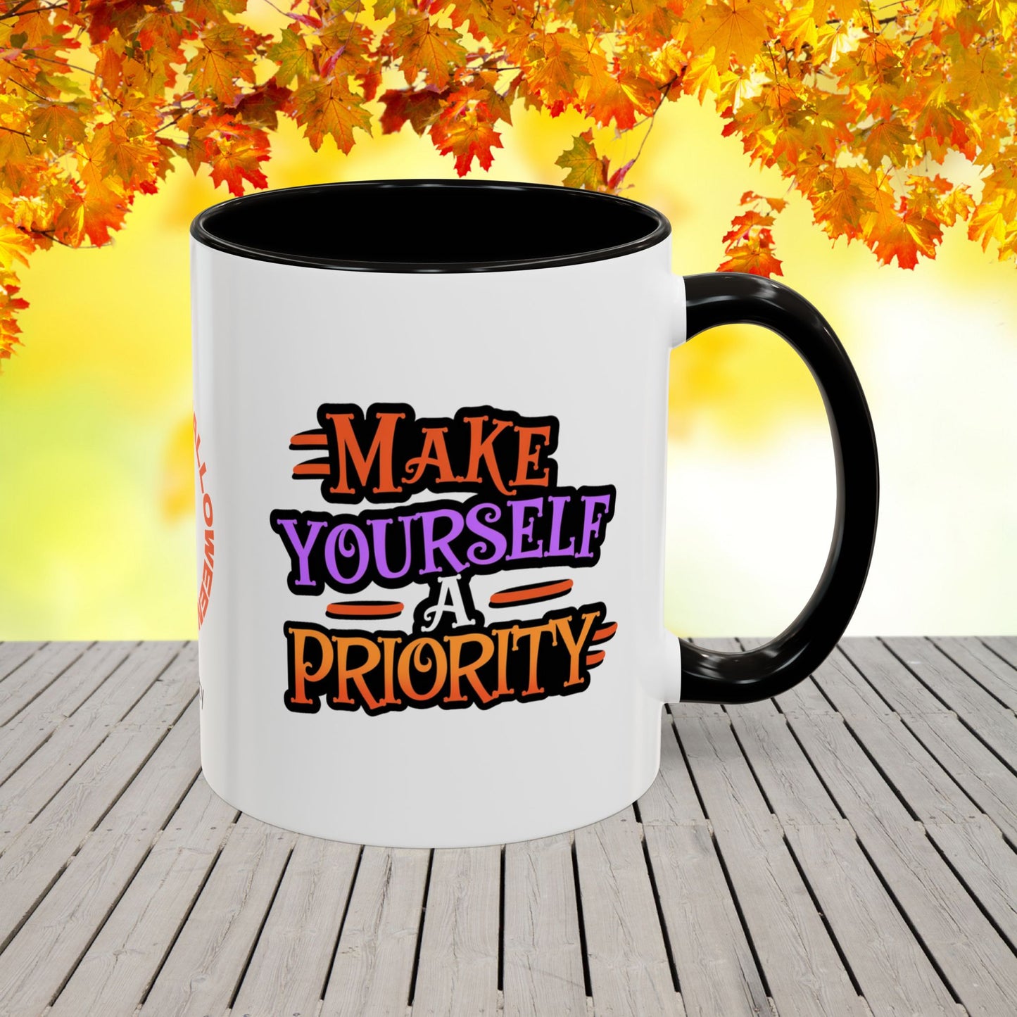 Personalized Halloween mug with “Make Yourself a Priority” quote, inspirational mental wellness gift with custom name.