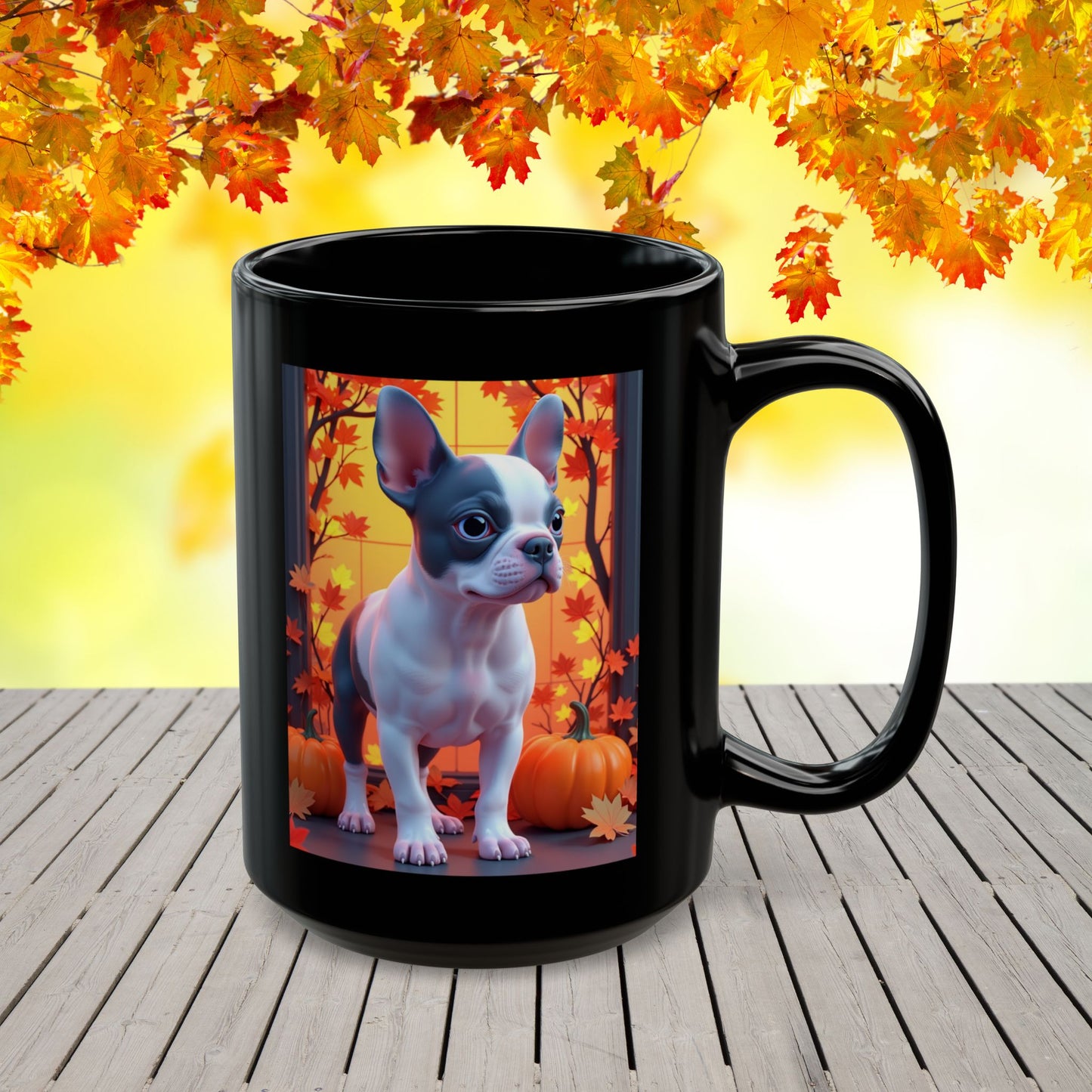 Blue Pied French Bulldog Autumn Black Mug - Seasonal dog lover gift coffee cup