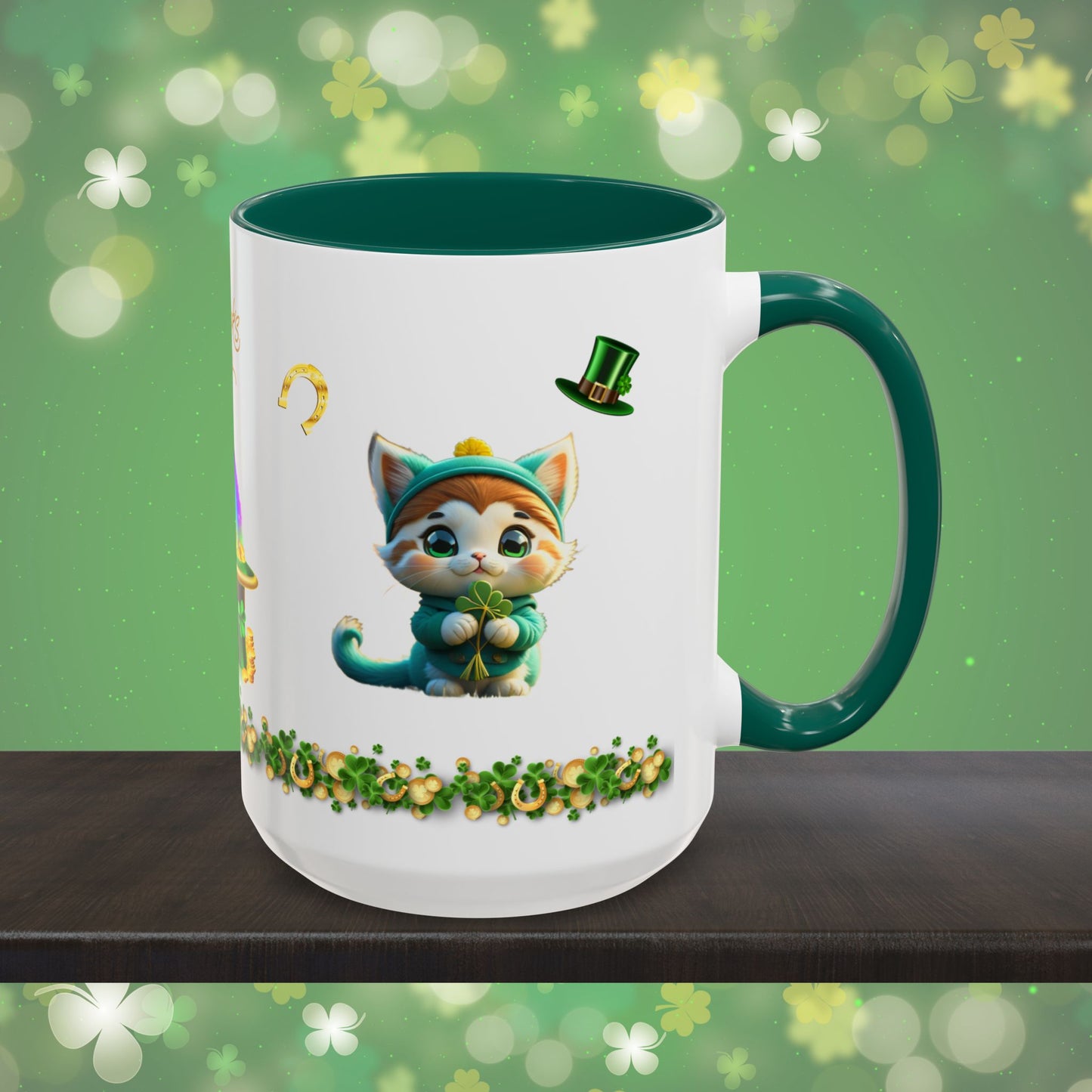 Serene Shamrock Kitty: St. Patrick's Day Two-Tone Coffee Mug - Festive Ceramic Mug for Positivity & Mindfulness