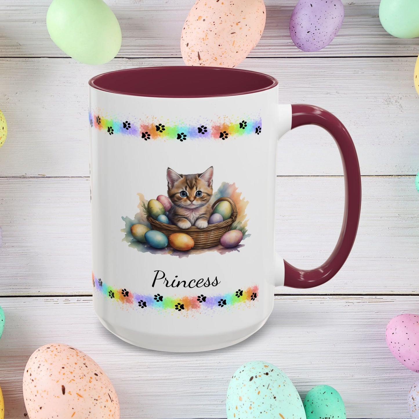 Munchkin personalized Easter coffee mug, cute kitten design, mental health awareness gift for cat lovers