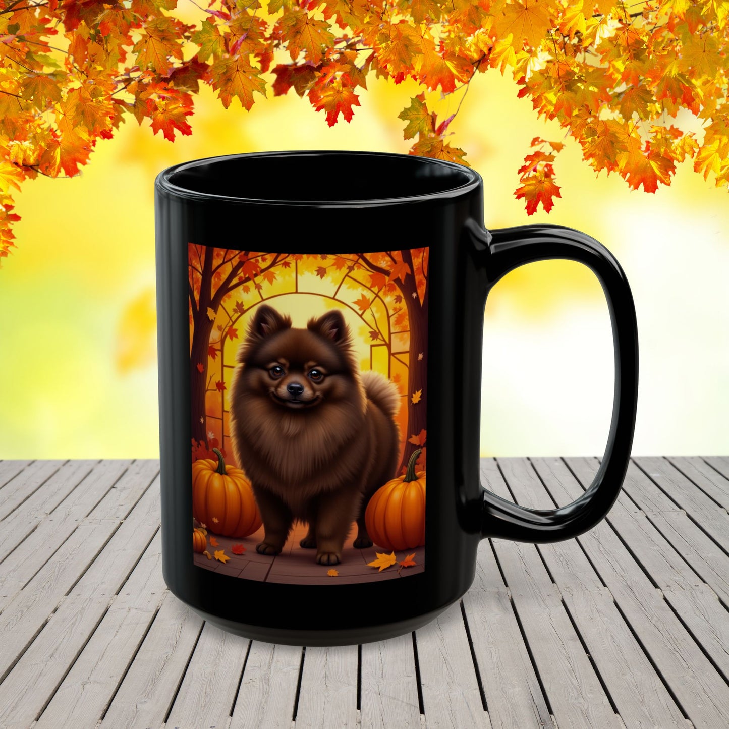 Chocolate Pomeranian autumn coffee mug, custom name dog lover gift for cozy seasonal drinks