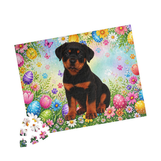 Rottweiler (Black & Rust) Easter Puppy Puzzle - Spring Garden with Eggs, Tulips, and Daisies