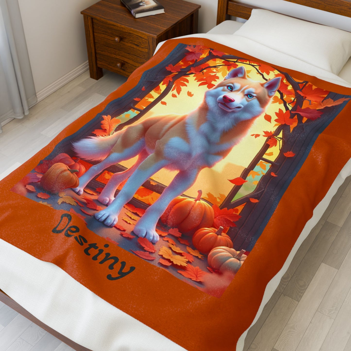 Light Red Husky blue eyes velveteen plush blanket, custom dog throw for Husky fans - MySisterIsASurvivor