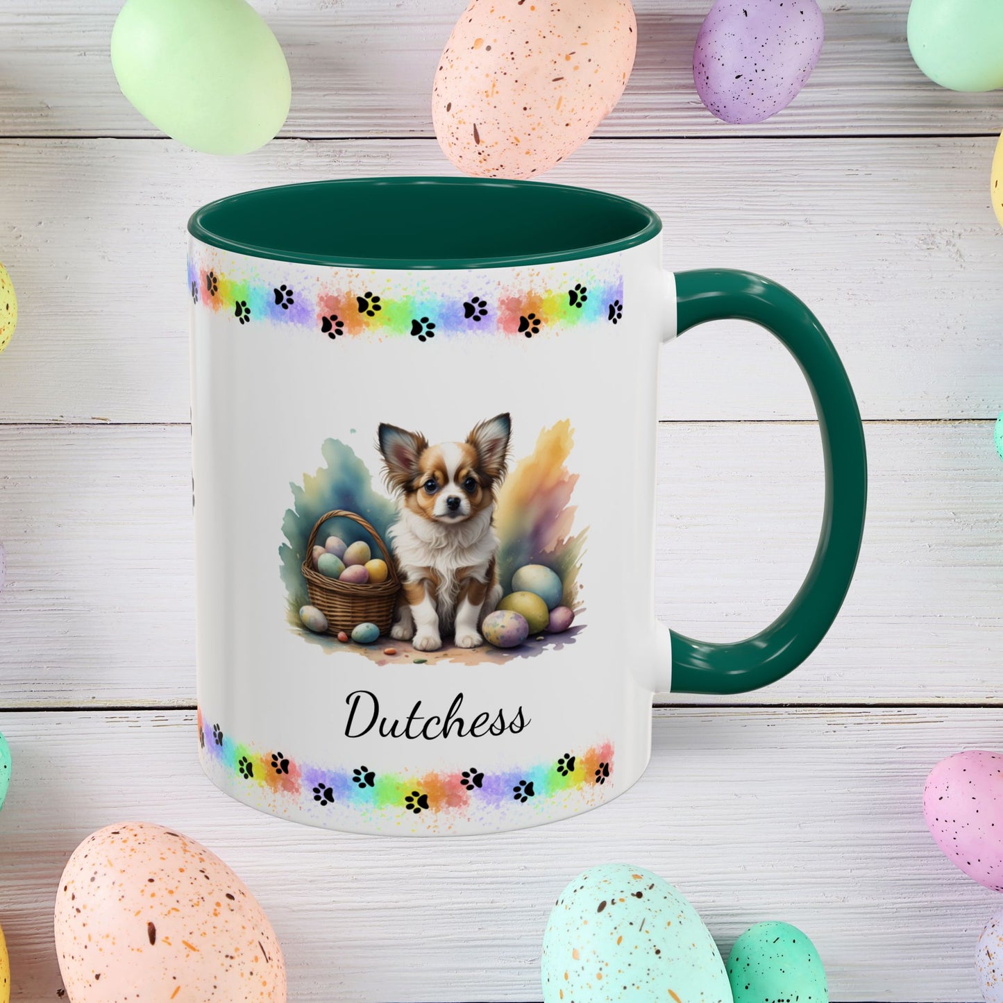 Papillon Brown & White Easter puppy coffee mug, personalized cute dog gift for mental health awareness and comfort