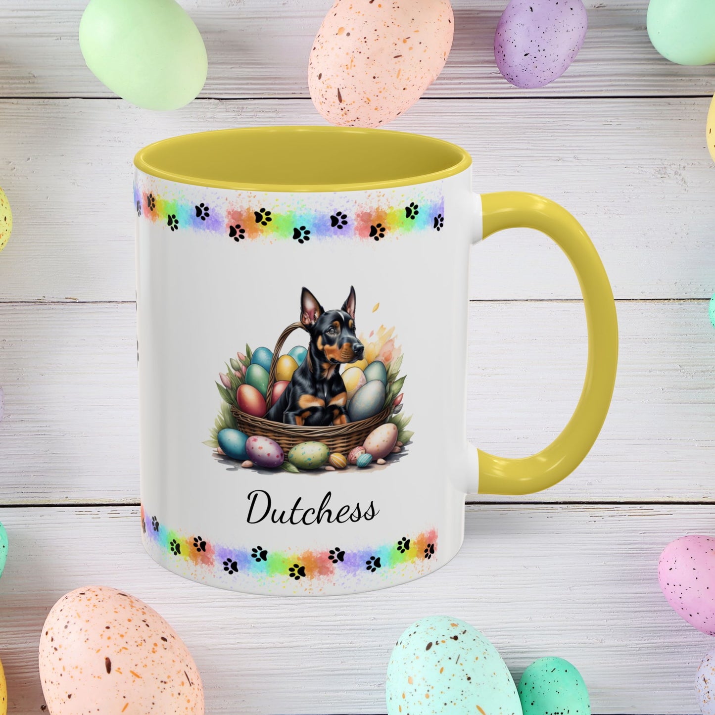 Doberman personalized Easter puppy mug, cute dog coffee cup gift for mental health awareness and comfort