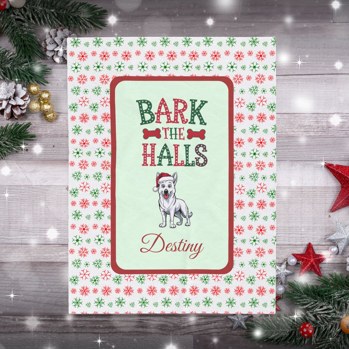 German Shepherd White personalized velveteen dog blanket Bark The Halls festive holiday throw
