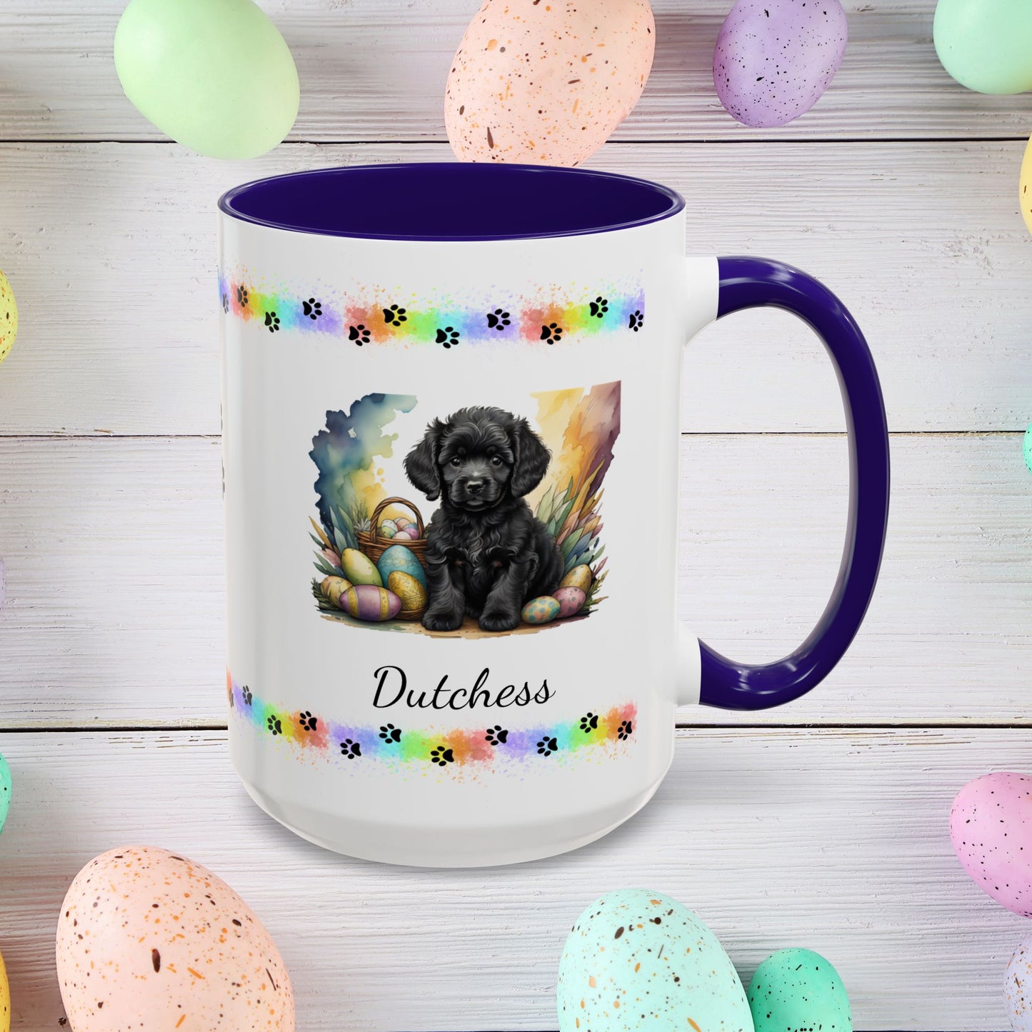 Adorable black Poodle Easter puppy coffee mug personalized dog gift, perfect for mental health awareness and spring joy.