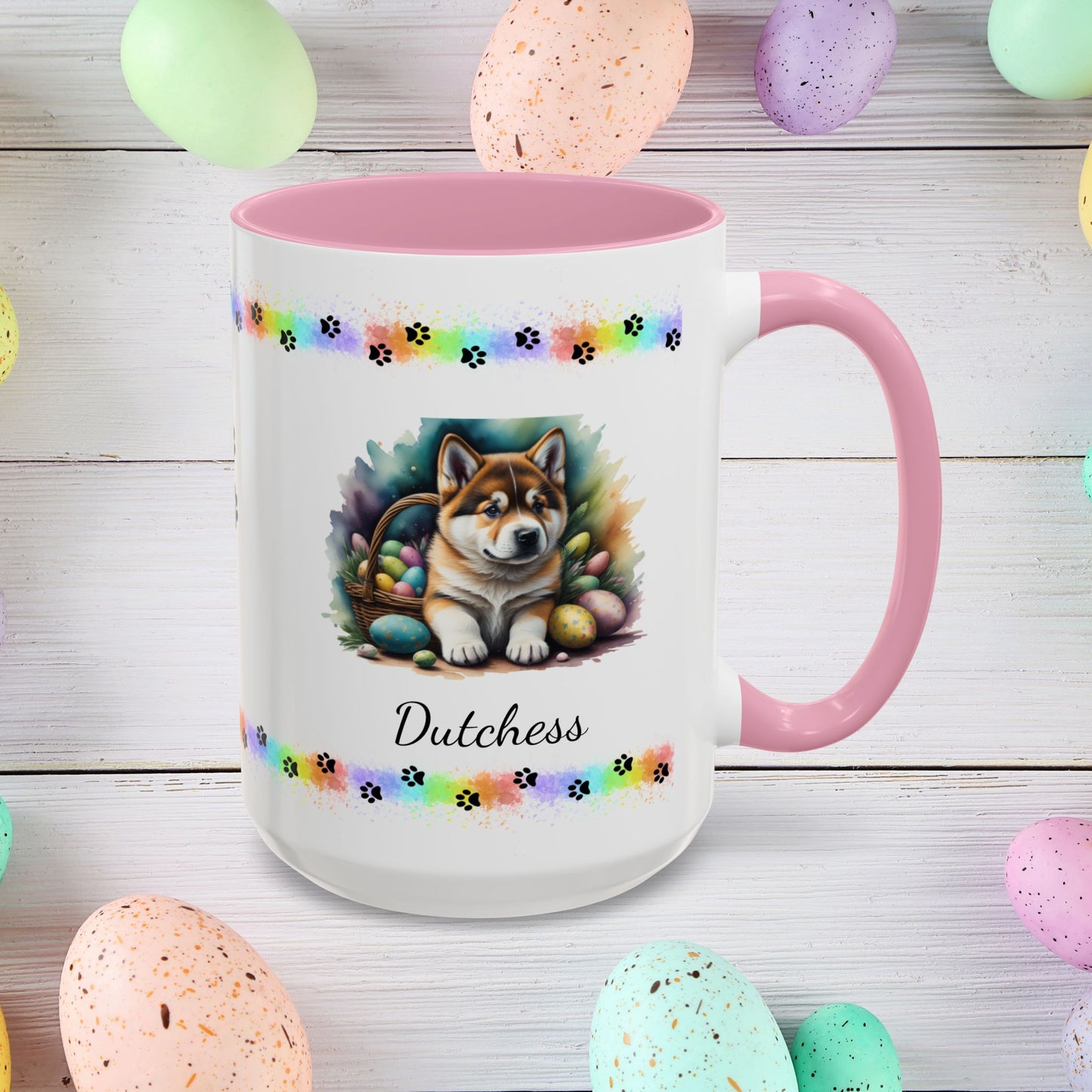 Akita personalized Easter puppy mug, cute dog coffee cup gift for mental health awareness and cozy sipping