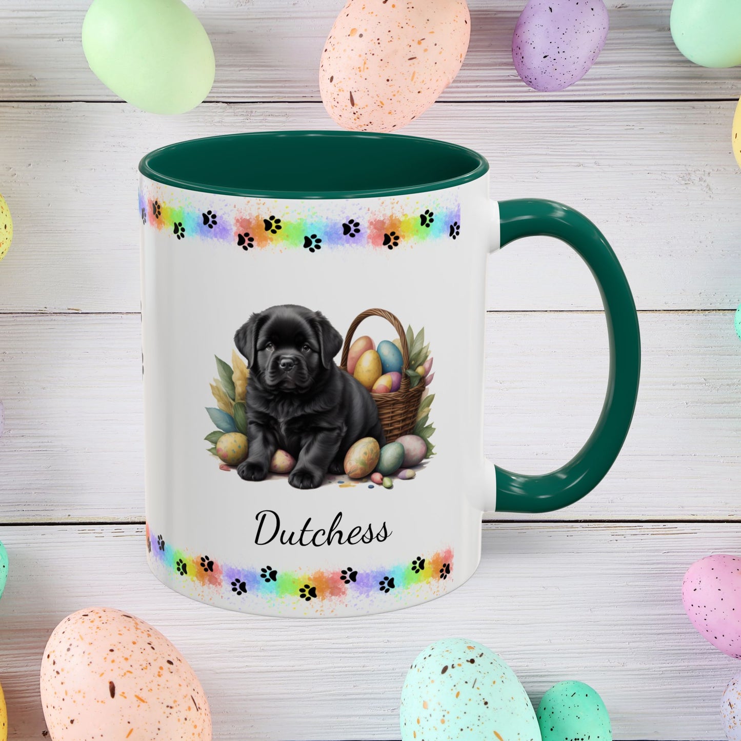 Newfoundland Black Easter puppy coffee mug, personalized cute dog gift for mental health awareness and cozy sipping