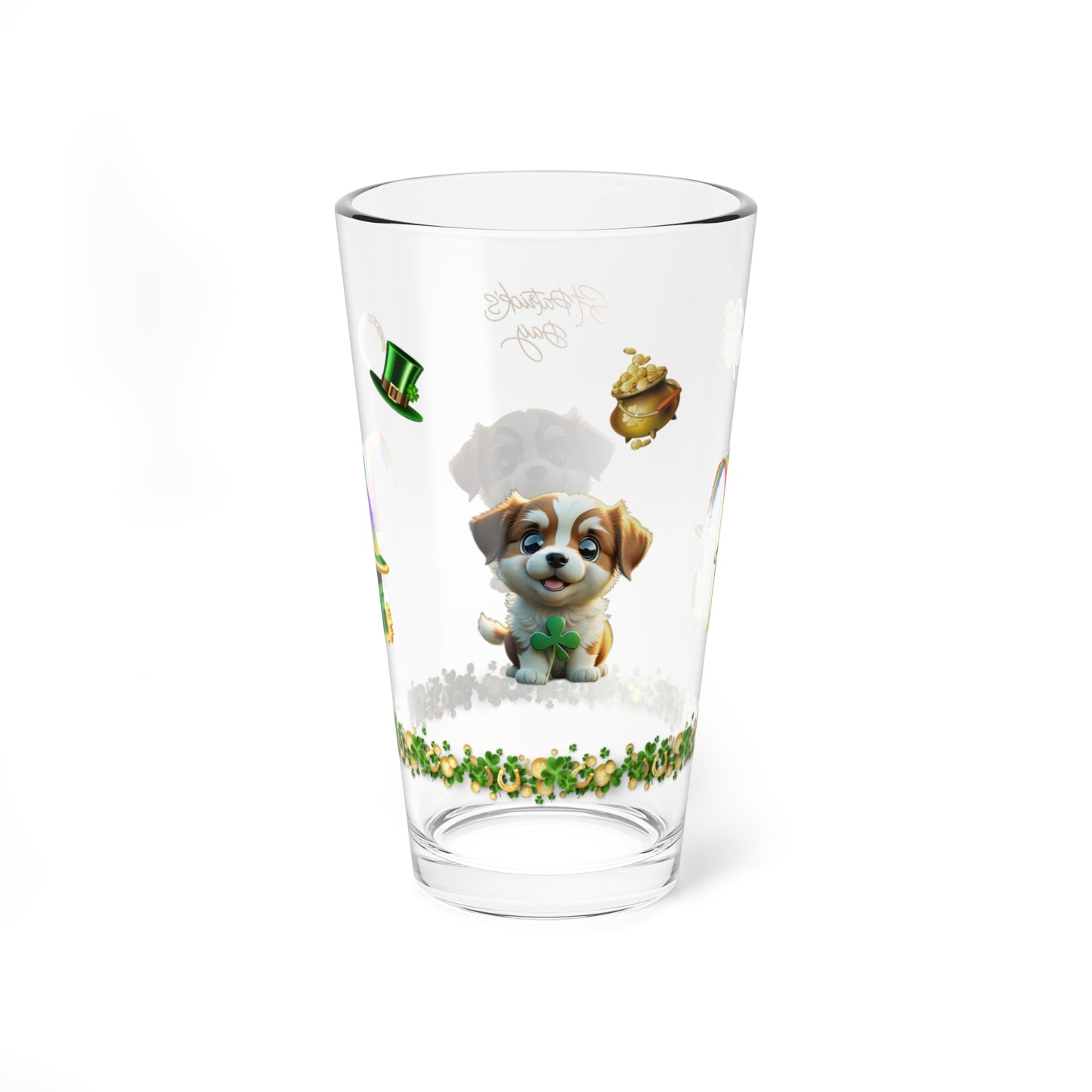 Clover Cuddles Canine: Mindful St. Patrick's Day 16oz Pint Glasses - Festive Design for Positivity & Wellness