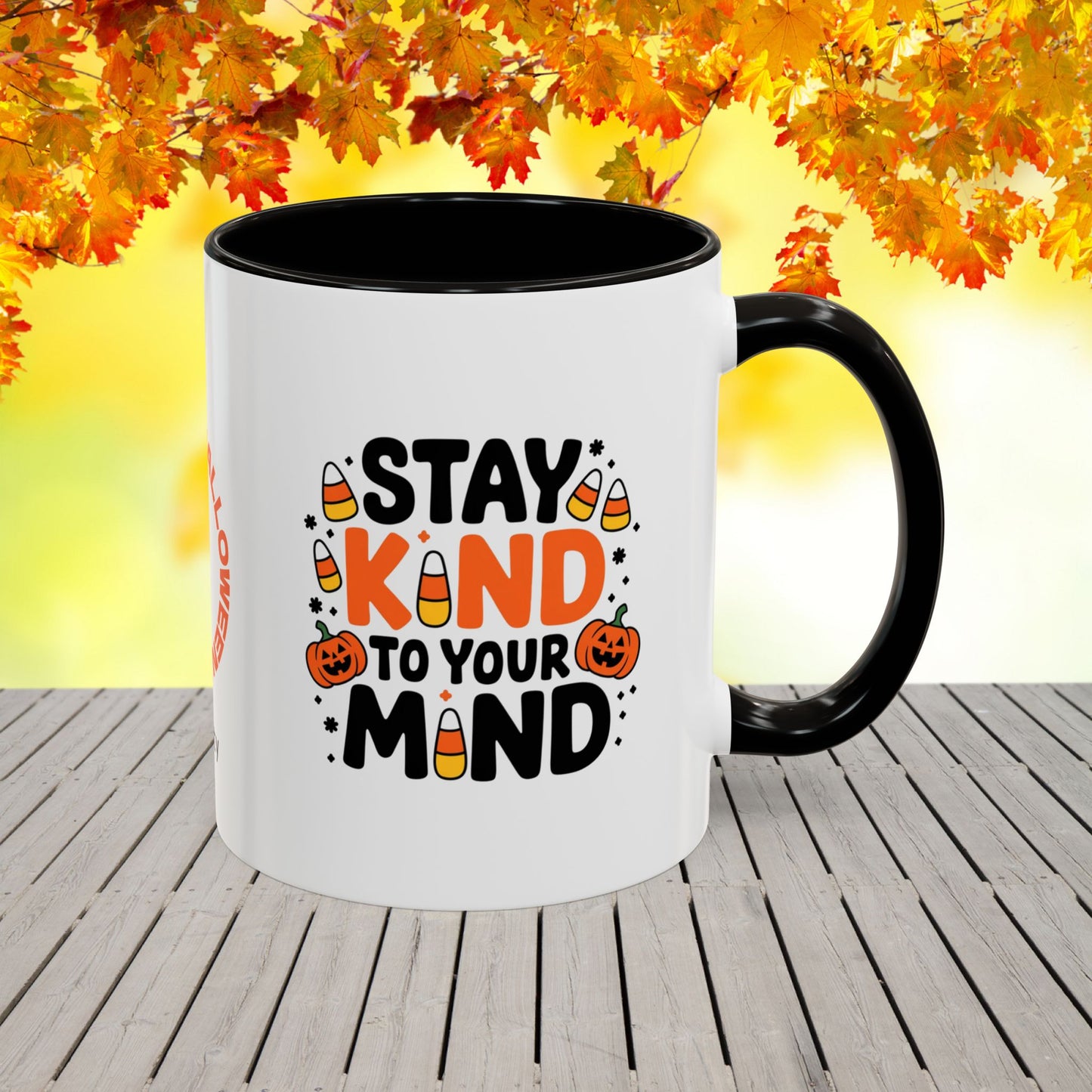 Custom Halloween mug with “Stay Kind to Your Mind” quote, personalized mental wellness gift for everyday encouragement.