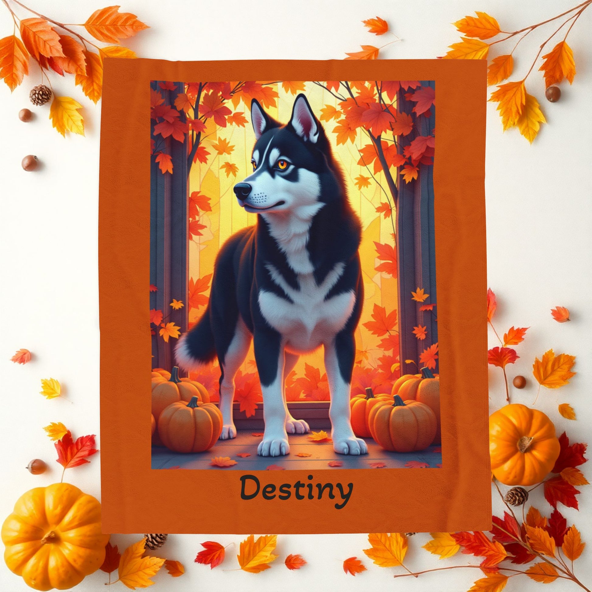 Siberian Husky Black & White Coat (Amber Eyes) Velveteen Blanket, Custom Dog Lover Throw