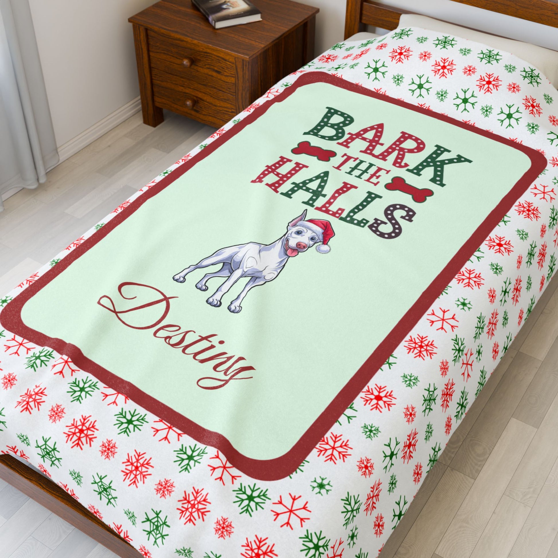 Doberman Pinscher White personalized velveteen Christmas throw Bark The Halls holiday dog lover blanket