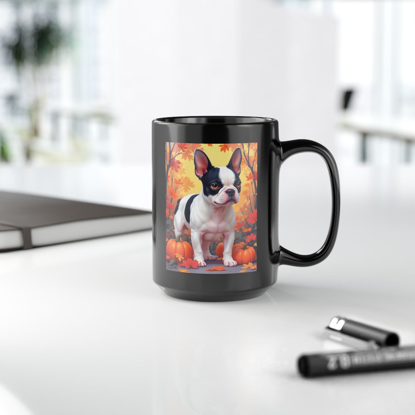 French Bulldog Black Pied - Autumn coffee mug, cozy seasonal dog lover gift for Frenchie parents