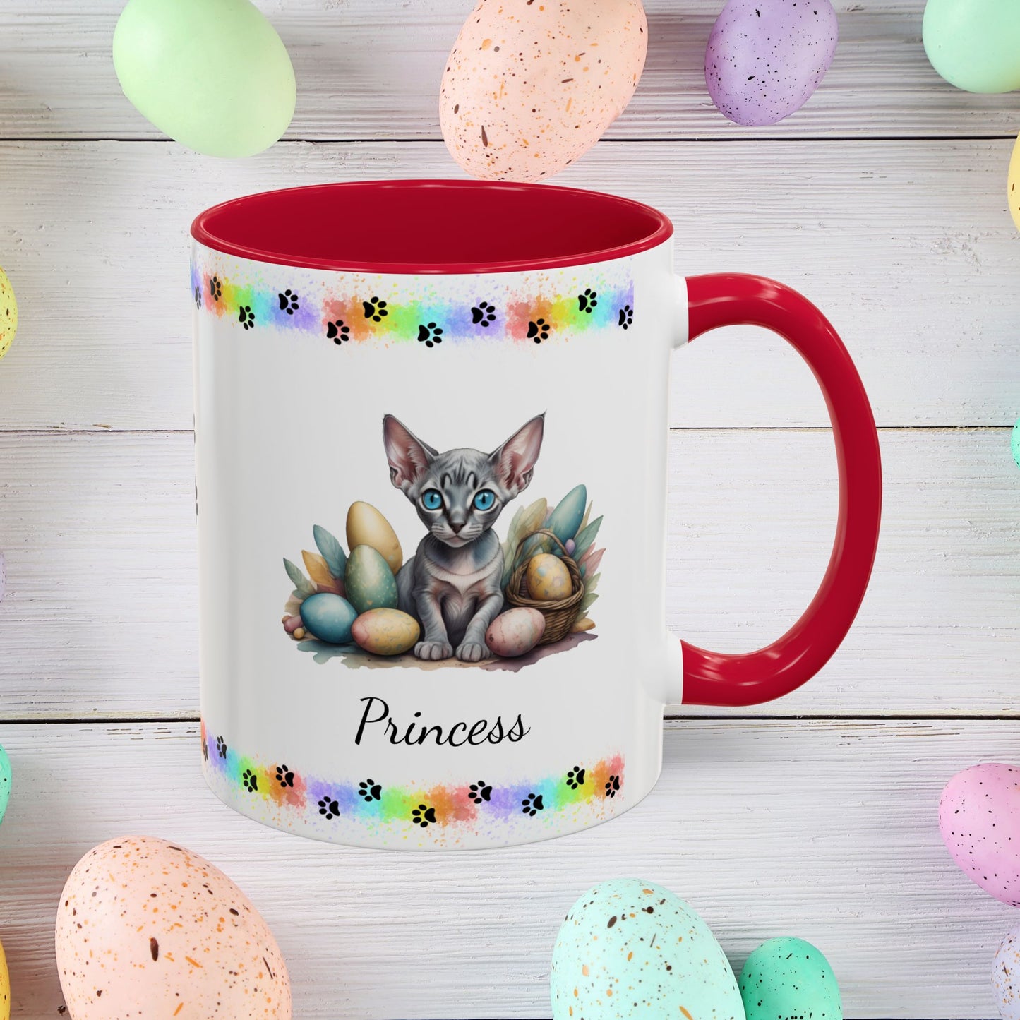 Sphynx personalized Easter coffee mug, adorable kitten design, cute cat gift for mental health support