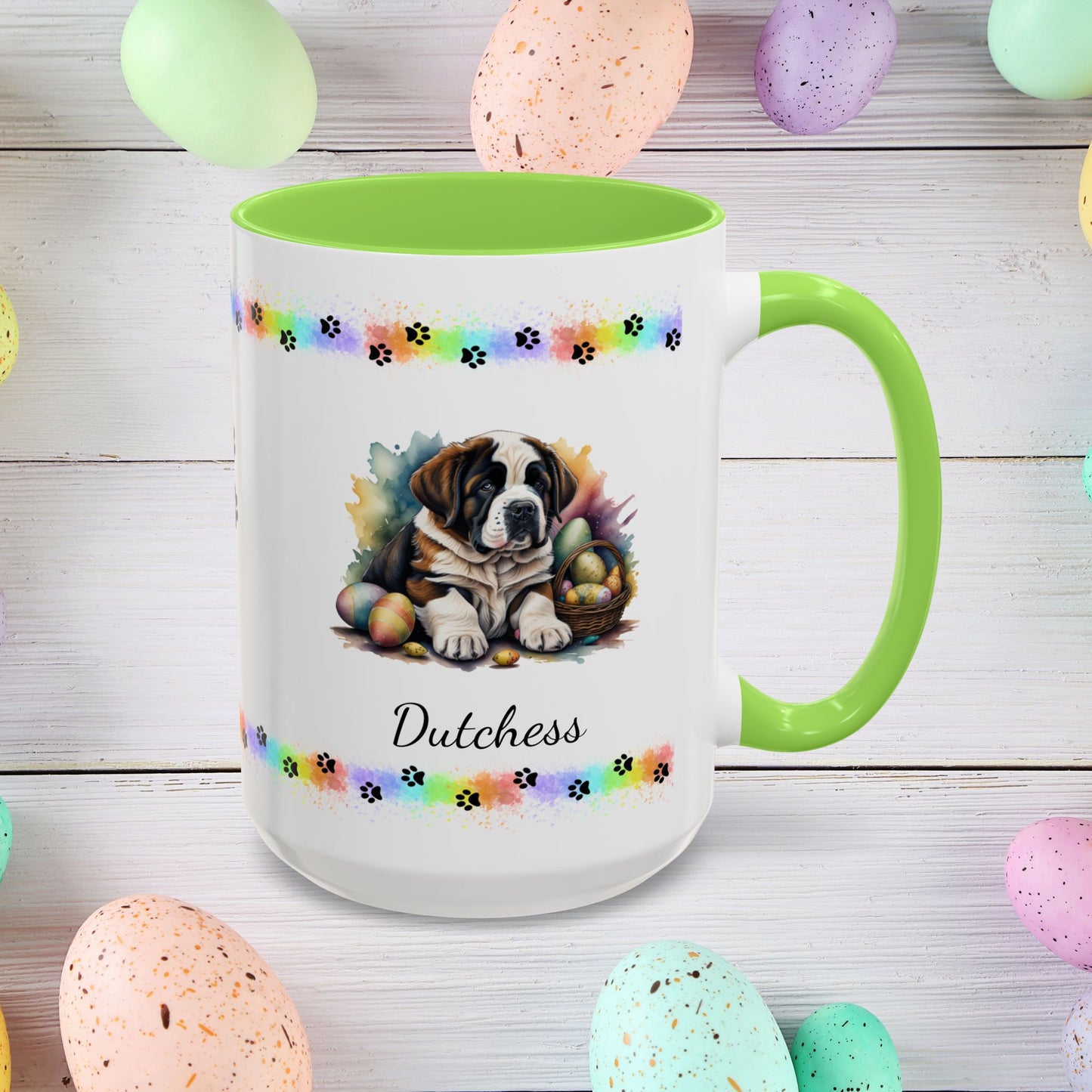 Saint Bernard Easter puppy coffee mug personalized for dog lovers, promoting comfort, calm, and joyful Easter mornings.