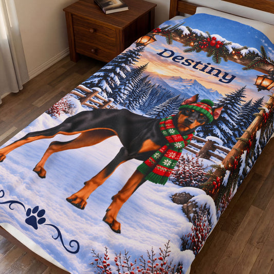 Doberman (Black & Rust Coat) - Personalized Winter Blanket, Lantern Woodland Custom Name Throw