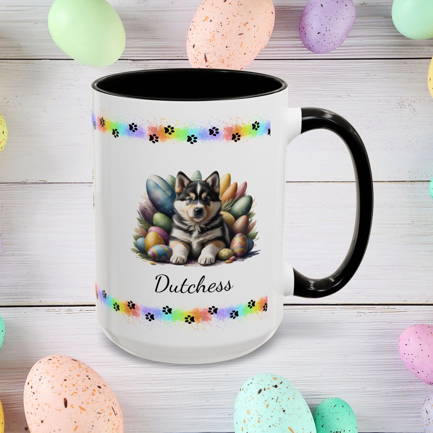 Alaskan Malamute Easter puppy coffee mug, personalized cute dog gift for mental health support and comfort