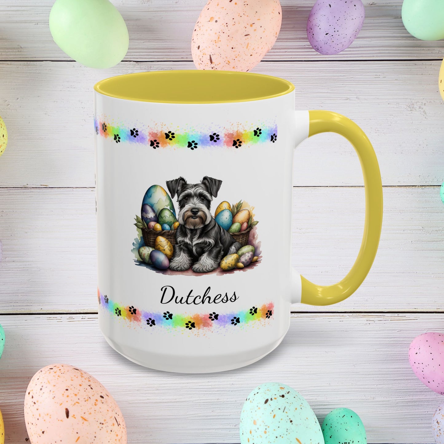 Gray Schnauzer Easter puppy coffee mug personalized for dog moms and dads, perfect for mental health awareness gifts.