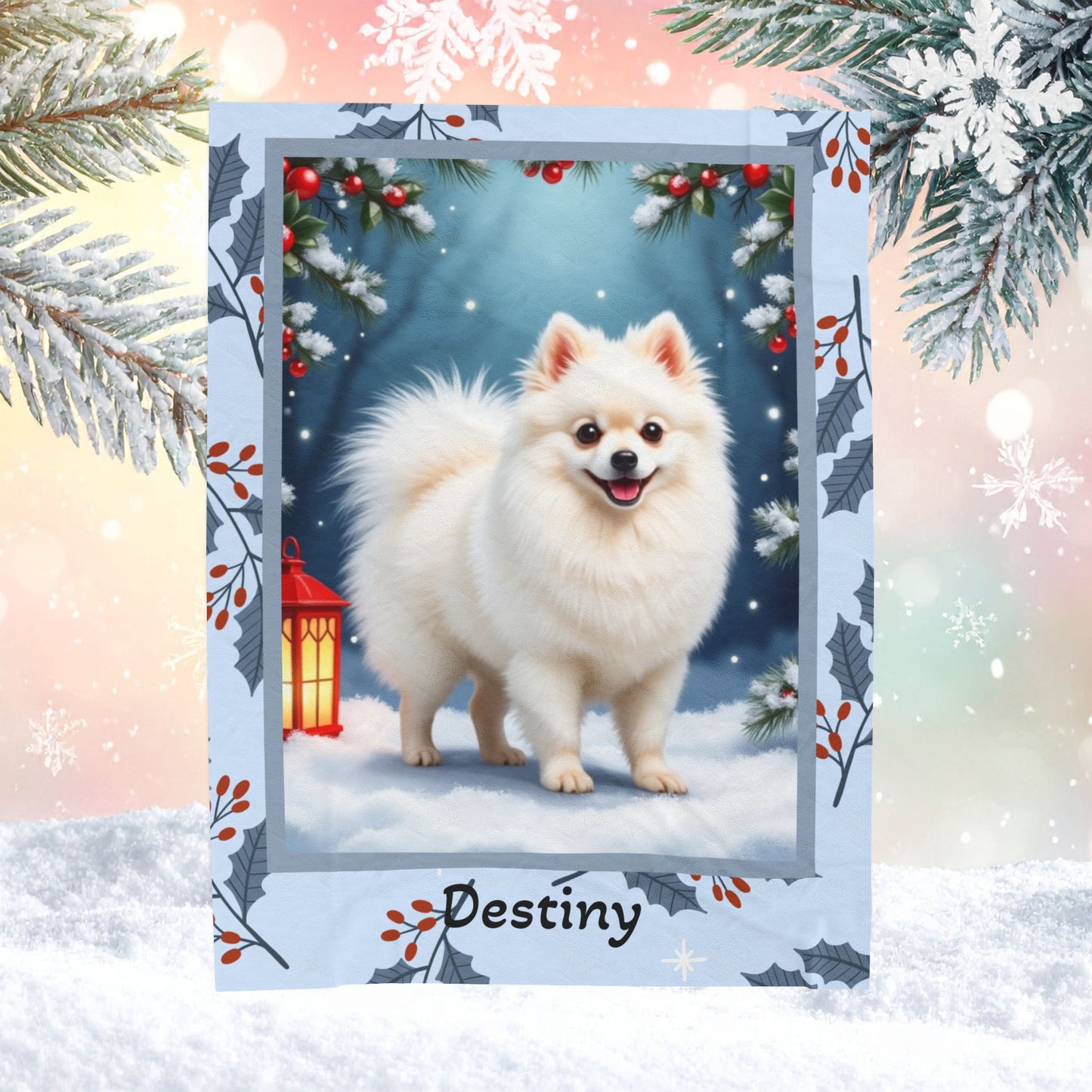 Pomeranian White custom winter blanket showing a snowy white Pom in a crisp illustrated lodge background