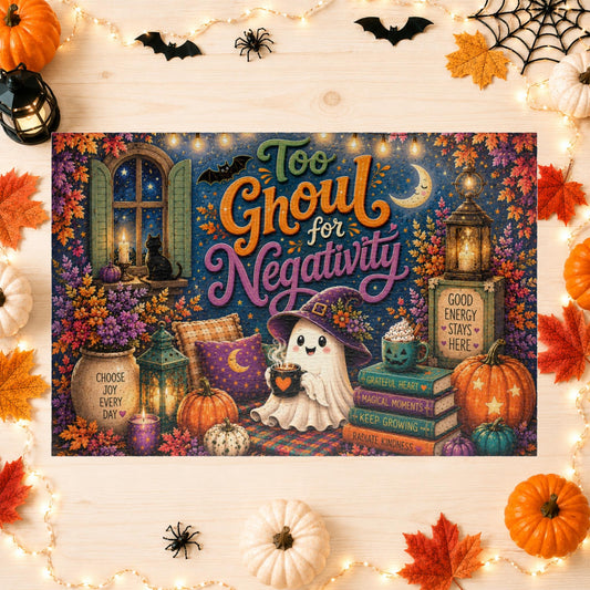 Too Ghoul for Negativity Halloween puzzle with ghost, gratitude books, and positive energy sign
