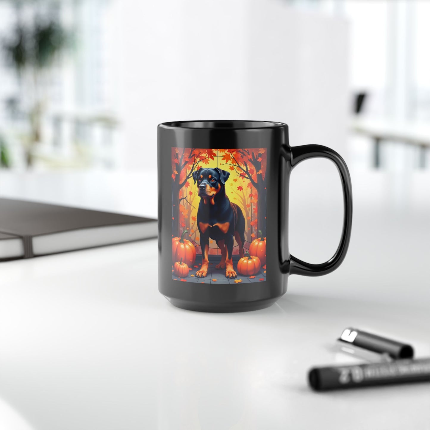 Black and Tan Rottweiler personalized mug, fall-themed coffee cup for dog lovers, cozy autumn drinkware gift