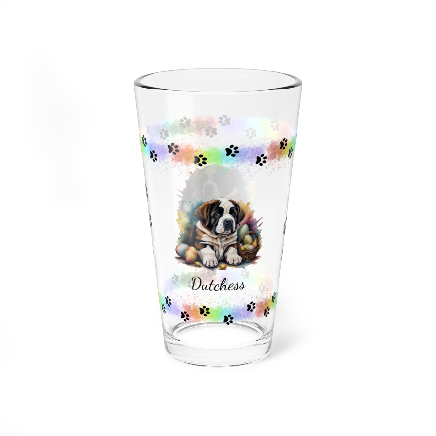 Saint Bernard Personalized Easter Puppy 16oz Pint Glass - Custom Dog Design, Mental Health Gift, Easter Décor, and Festive Celebrations