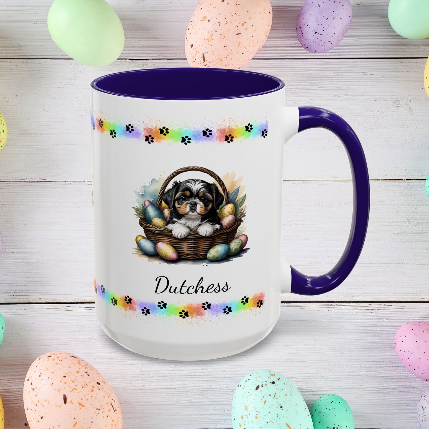 Tricolor Shih Tzu Easter puppy coffee mug personalized dog design, perfect for pet lovers and mental health awareness.
