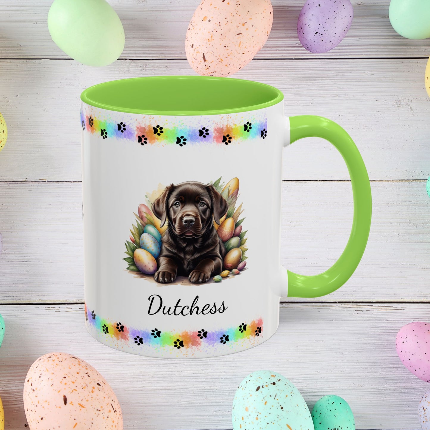 Chocolate Labrador Easter puppy coffee mug, personalized cute dog gift for mental health support and cozy sipping