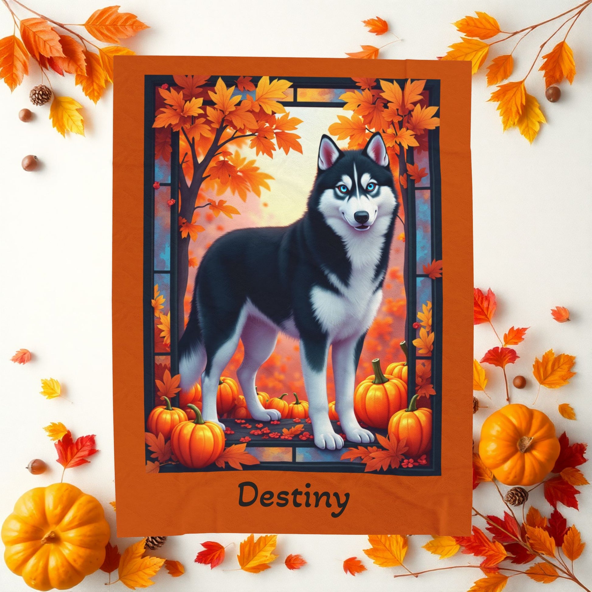 Siberian Husky Black & White Coat (Blue Eyes) Velveteen Blanket, Personalized Plush Dog Throw