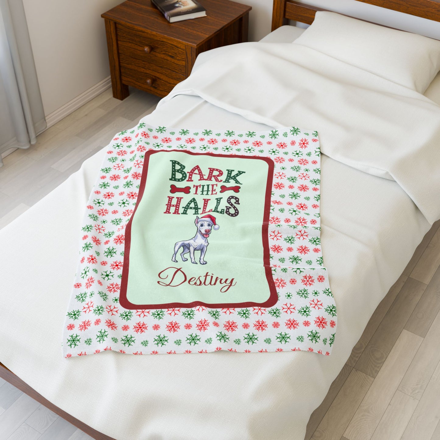 Doberman Pinscher White personalized velveteen Christmas throw Bark The Halls holiday dog lover blanket