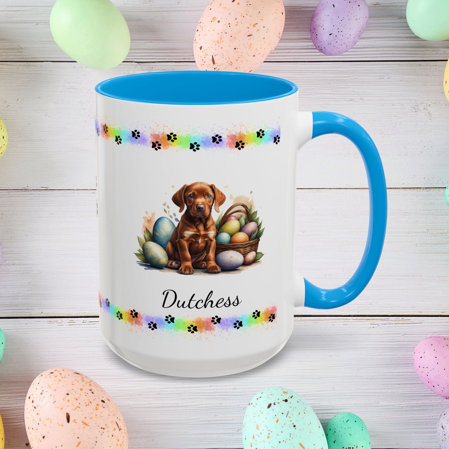 Vizsla Easter puppy coffee mug personalized adorable dog lover gift, great for mindful self-care and Easter gifting.
