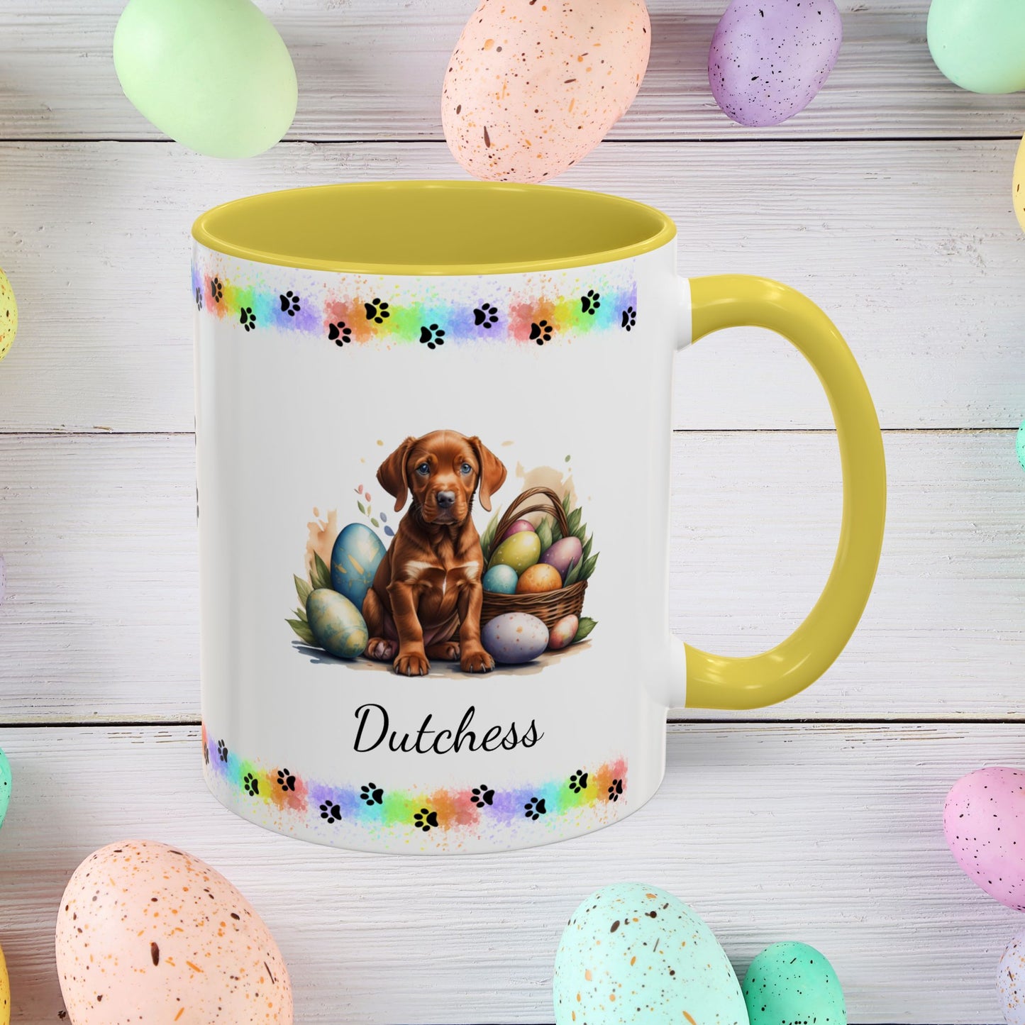 Vizsla Easter puppy coffee mug personalized adorable dog lover gift, great for mindful self-care and Easter gifting.