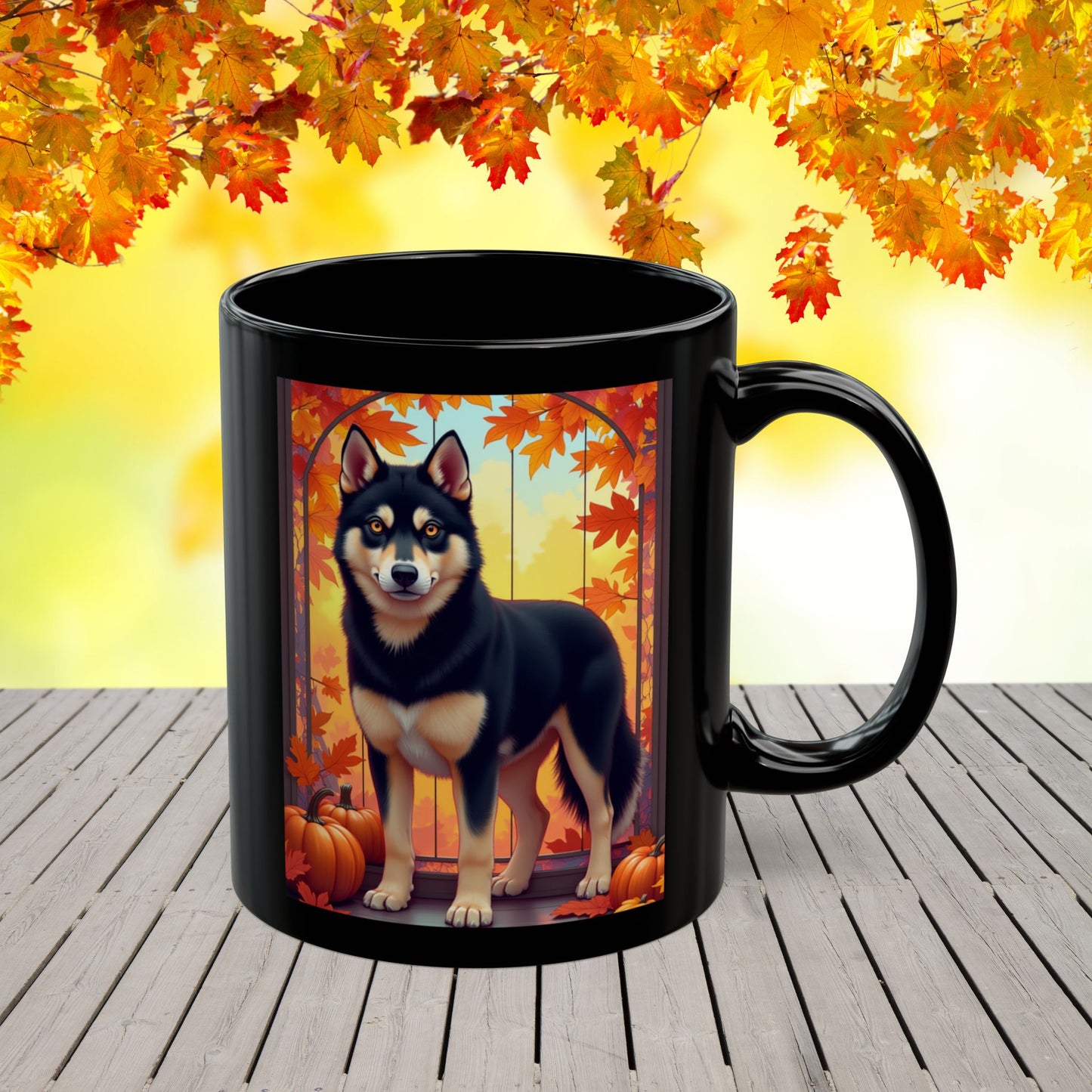 Black & Tan Husky (Amber Eyes) autumn coffee mug, personalized dog lover gift for fall and cozy drinks