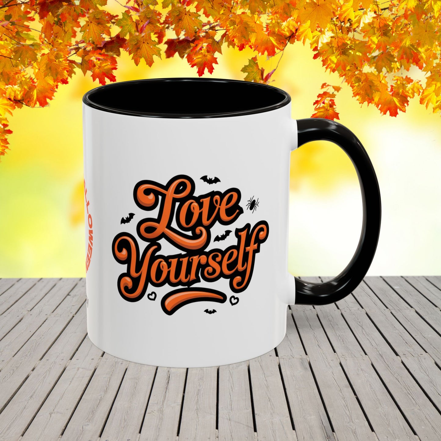 Love Yourself Halloween Mug -custom coffee cup with name & uplifting seasonal quote
