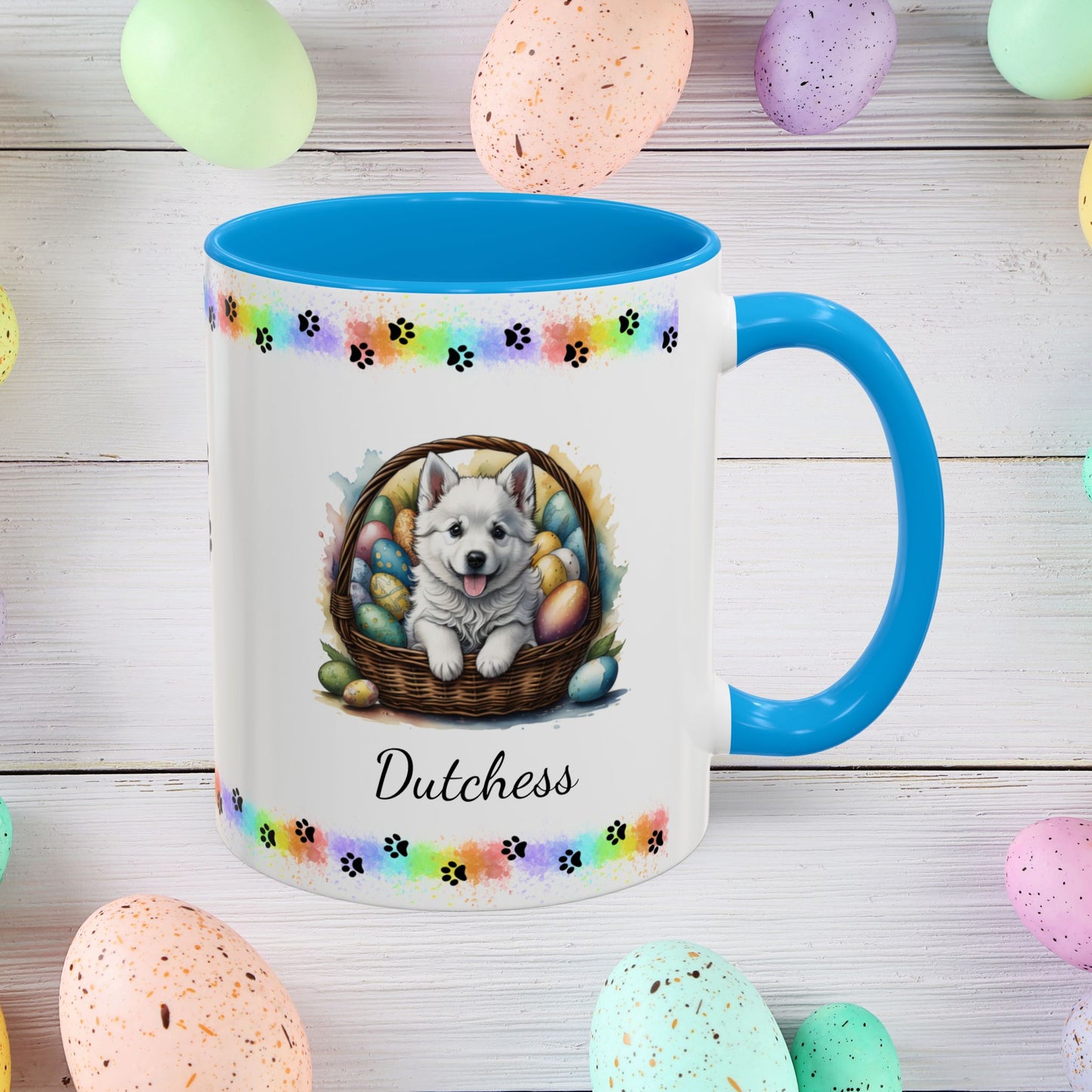American Eskimo personalized Easter puppy mug, cute dog coffee cup, mental health awareness gift for dog lovers