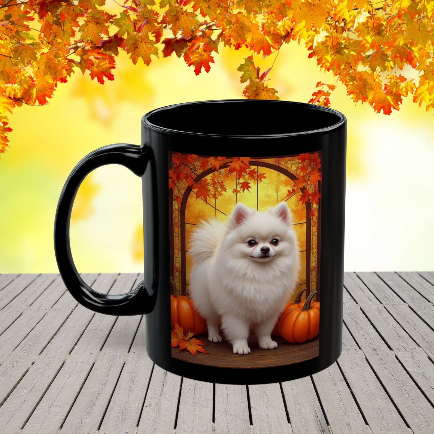 White Pomeranian personalized fall coffee mug, custom dog lover gift for cozy autumn drinks