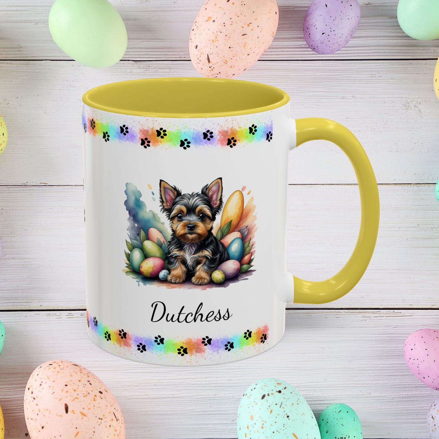 Yorkshire Terrier Easter puppy coffee mug personalized dog gift, perfect for mindfulness, self-care, and spring positivity.