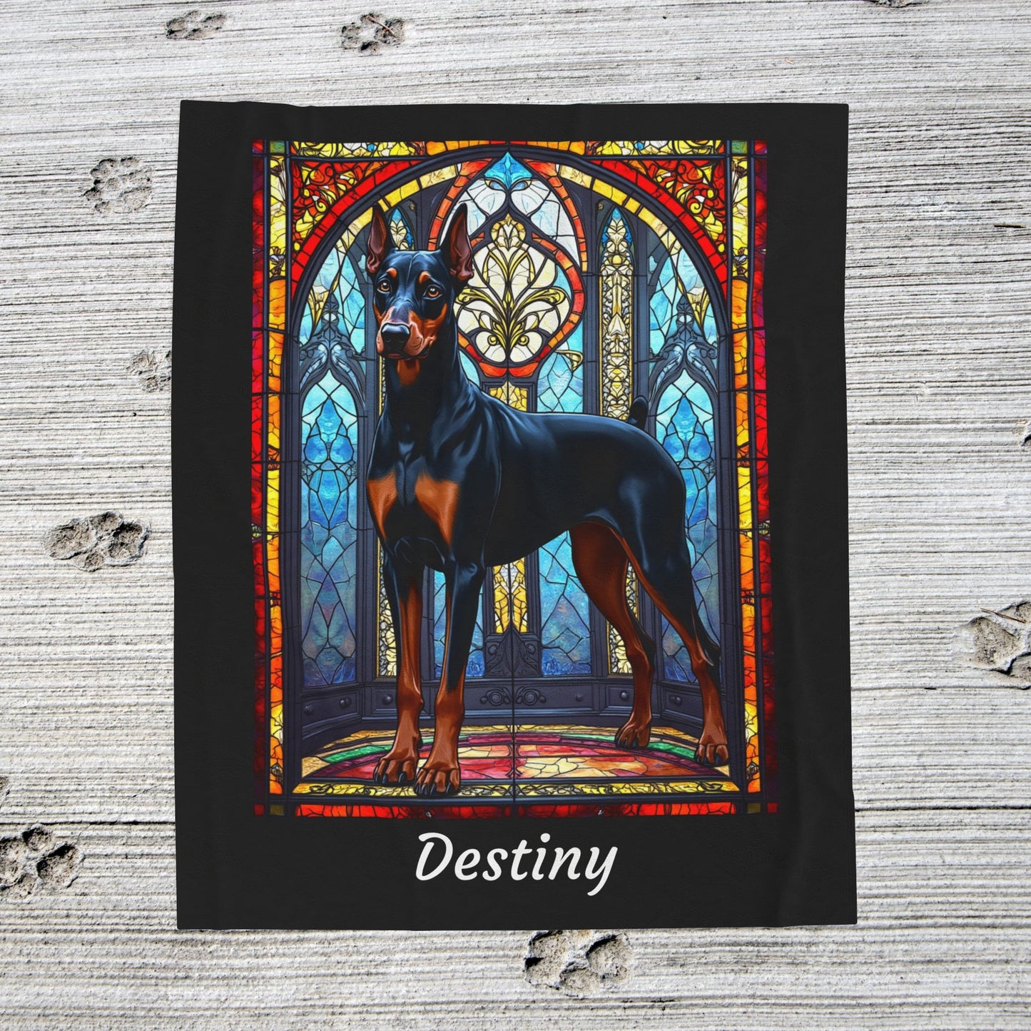Doberman black and rust velveteen blanket, stained glass dog throw, personalized pet lover gift - MySisterIsASurvivor