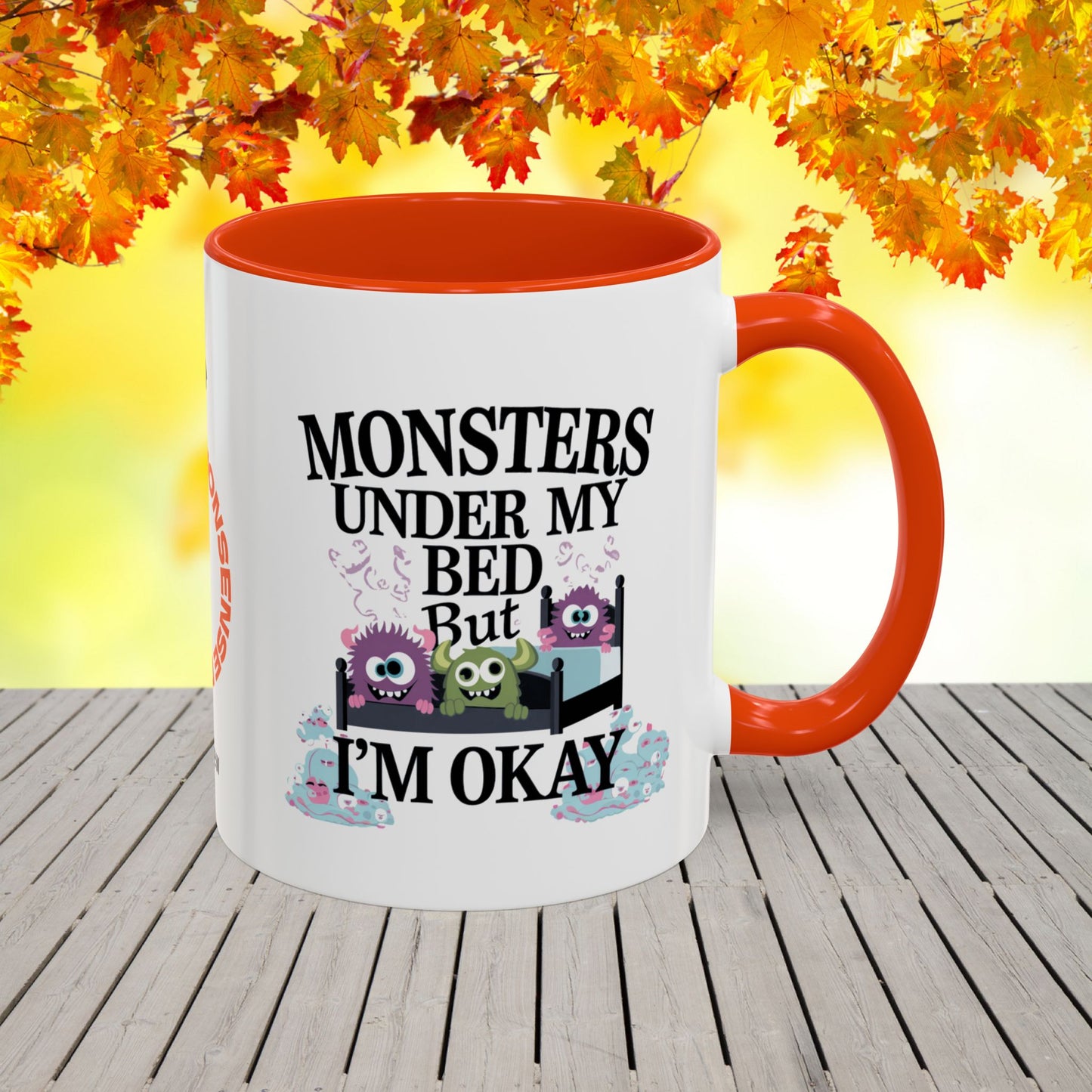 Empowering Halloween mug with monsters-under-the-bed theme, designed for anxiety support and mental health warriors