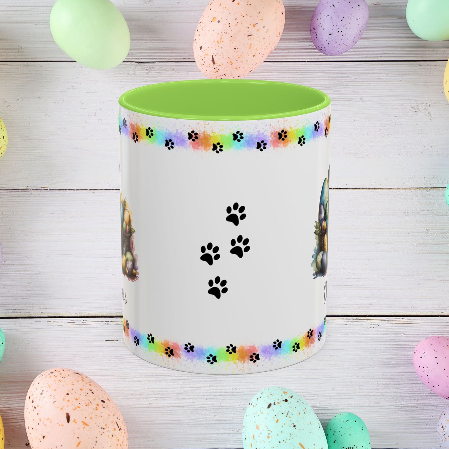 Gray Schnauzer Easter puppy coffee mug personalized for dog moms and dads, perfect for mental health awareness gifts.